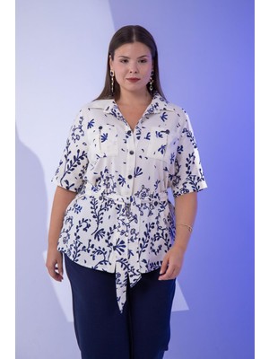 Roxxlen 3330600 Kadın Büyük Beden Beli Kemerli Gömlek