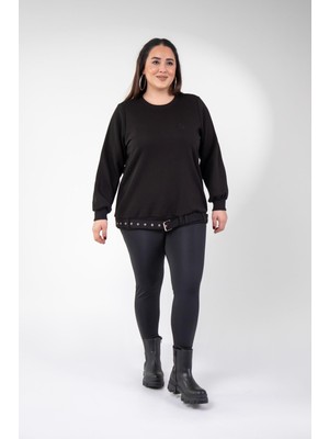Roxxlen 3330216 Kadın Büyük Beden Siyah Kemer Detaylı Sweat