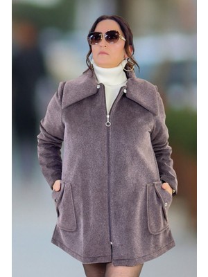 Yagmur Beren  Fox Kumaş Fermuarlı Çıkartılabilir Yaka Detay Büyük Beden Kısa Kaban