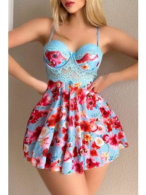 Bi Seyyar Mavi Rüya Gecesi Çiçekli Askılı Mini Gecelik 15628 - BI001V-4YRB07