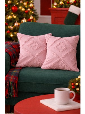 Halımax Cloud Peluş Dekoratif Pembe 2'li Kırlent Kılıfı Yıkanabilir Tasarım Polyester Jakarlı Welsoft 43X43