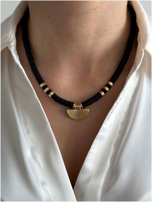 Hercy Gold Madalyon Siyah Fimo Kolye
