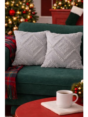 Halımax Cloud Peluş Dekoratif Gri 2'li Kırlent Kılıfı Yıkanabilir Tasarım Polyester Jakarlı Welsoft 43X43CM