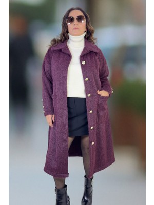 Yagmur Beren  Sakallı Buklet Kumaş Astarsız Gold Düğme Detay Torba Cep Büyük Beden Kadın Kaban