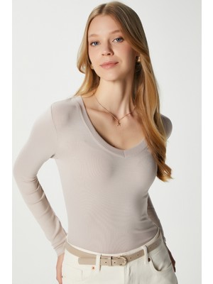 Ritnice Kadın Zera Lux Touch V Yaka Bej Bluz