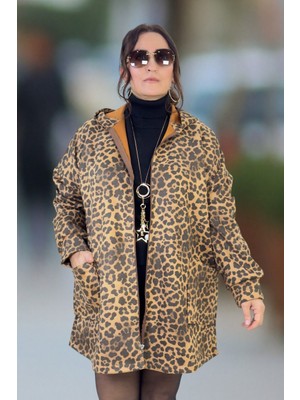 Yagmur Beren  Leopar Desenli Kapüşonlu Fermuarlı Astarsız Büyük Beden Süet Ceket