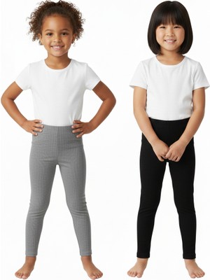 Ropi Kız Çocuk 2'li Kışlık Yüksek Bel Uzun Tayt (Siyah & Gri)