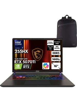 MSI Msı Vector 16 Hx Aı Ultra 7-255HX 64-Gbddr5 2 Tb RTX5070TI (12 GB-GDDR7-40W) 16" Fhd+ 144Hz Freedos + Hmf Sırt Çantası A2XWHG-091XTRHMF8