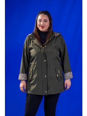 Roxxlen 1222442 Kadın Büyük Beden Haki Leoparlı Thomas Yağmurluk
