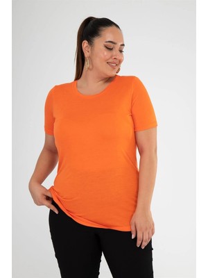 Roxxlen 112074 Kadın Büyük Beden Turuncu Bisiklet Yaka Basic Bluz