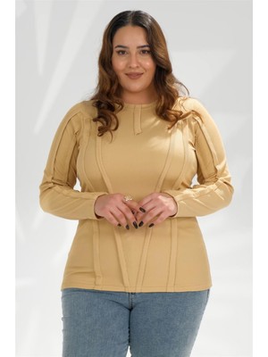 Roxxlen 333051 Kadın Büyük Beden Sarı Ribana Şeritli Sweat
