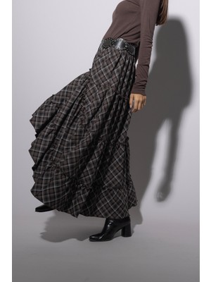 Nisan Triko Ekose Desenli Asimetrik Etek