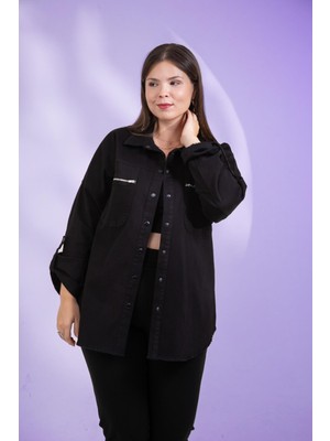 Roxxlen 12111095 Kadın Büyük Beden Siyah Büyük Beden 1211095 Cep Fermuarlı Gömlek