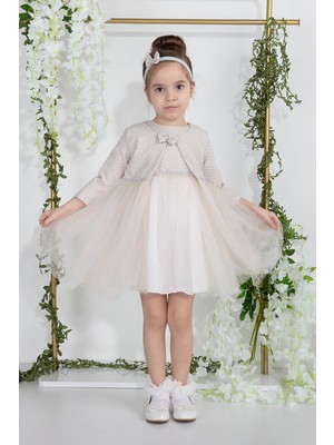 Yıldız Desen Bolerolu Saç Bantlı Bayramlık Gelinlik Abiye Elbise 3'lü Takım Bej 2008