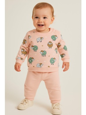 Dinamik çocuk Kız Erkek Bebek Sevimli Kuzu Baskılı 2li Alt-Üst Sweat ve Eşofman Takımı 6-9-12-18AY