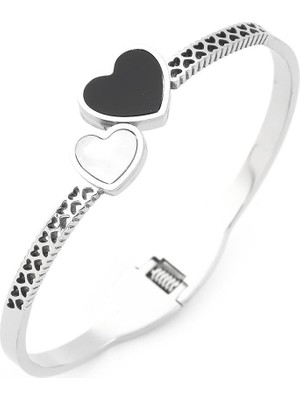Pazarois Çift Kalp Figürlü Gümüş Renkli Çelik Kelepçe Bileklik