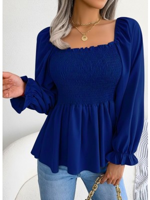 Moda Loris Kadın Uzun Kollu Geometrik Yakalı Gipe Detaylı Krep Bluz