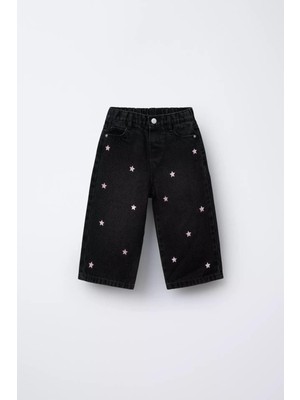 Magu Kız Çocuk Pamuklu Siyah Yıldız Desenli Denim Pantolon – Elastik Bel, Rahat Kesim