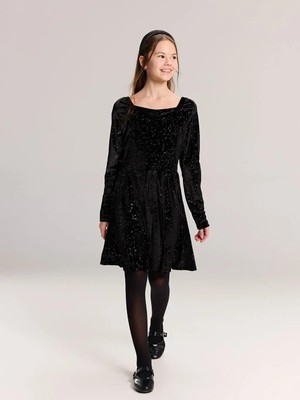 LC Waikiki Siyah Kare Yaka Kadife Kız Çocuk Elbise  (W5)