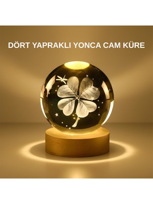 Bi Seyyar Dekoratif Yonca Görünümlü Işıklı Kristal Cam Küre USB Masa Gece Lambası - BI001V-4YRTR2