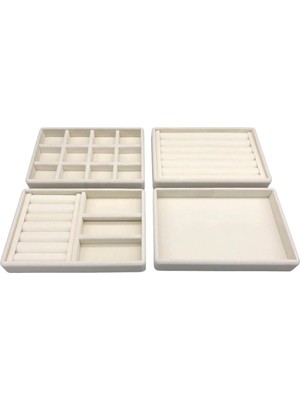 Megass Dekor Süet Kumaş Krem Renk 4 Lü Takım Çekmeçe Içi Takı Standı