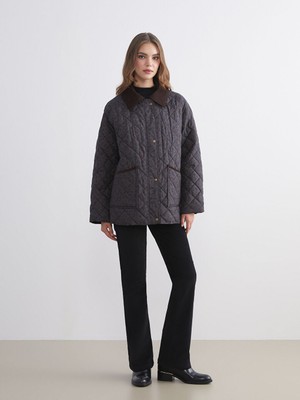 LC Waikiki Kahverengi Kadife Gömlek Yaka Desenli Kadın Şişme Mont