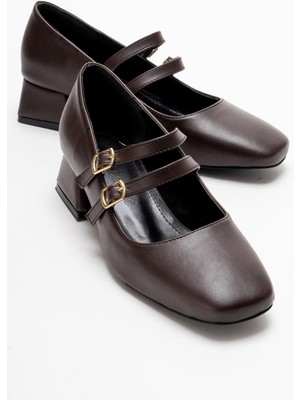 Ccway Kadın Küt Burunlu Çift Biyeli Topuklu Ayakkabı; Kahve Cilt