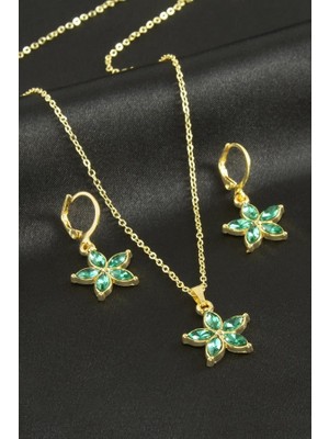 Pazarois Yeşil Taşlı Papatya Figürlü Gold Renk Bijuteri Kolye ve Küpe Seti