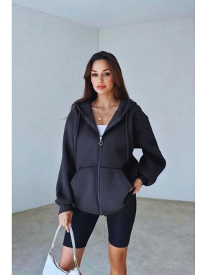 Yakamel Kadın Fermuarlı Oversıze Hırka