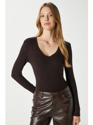 Ritnice Kadın Zera Lux Touch V Yaka Kahverengi Bluz