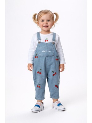 Dinamik çocuk Kız Bebek Çiçek/Çilekli/Kirazlı Nakışlı Uzun Kollu Badili Esnek Kot Salopet 2li Takım Bayramlık 6-9-12-18-24aylık