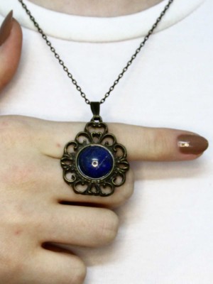 Esha Doğal Taş Lapis Doğal Taşlı Desenli Otantik Kadın Kolye 45 cm Zincirli EUK32LPS