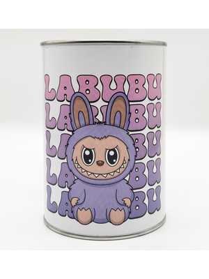Belirtilmemiş Labubu Desenli Metal Kapaklı Kumbara 14 cm Mor Renk Orta Boy Labubu Kumbara