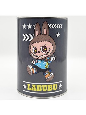 Belirtilmemiş Labubu Desenli Metal Kapaklı Kumbara 14 cm Siyah Renk Orta Boy Labubu Kumbara