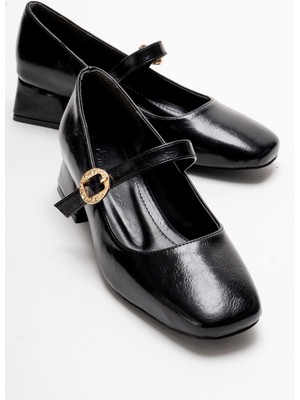 Ccway Kadın Küt Burunlu Biyeli Topuklu Ayakkabı; Siyah Kırışık