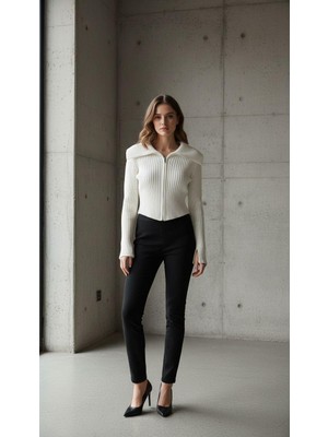 Kadın Fermuarlı Ribana Örgü Fit Kesim Triko Hırka