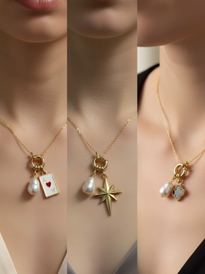 NKT Collection Siyah Yonca Kutup Yıldızı Beyaz Yonca Incili Kolye