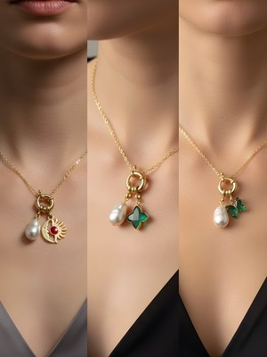 NKT Collection Zümrüt Yeşili Kelebek Zümrüt Yeşili Yıldız Ay Güneş Incili Kolye