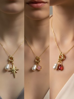 NKT Collection Kırmızı Damla Pembe Yonca Midye Incili Kolye