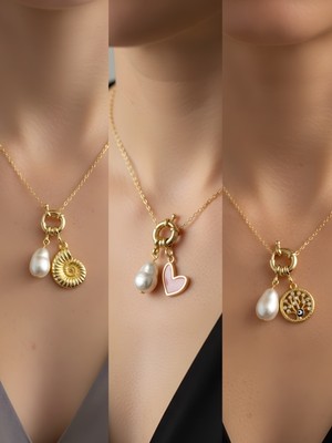 NKT Collection Hayat Ağacı Pembe Kalp Deniz Kabuğu Incili Kolye