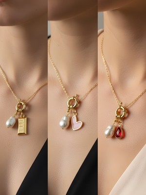 NKT Collection Kırmızı Damla Pembe Kalp Külçe Altın Incili Kolye