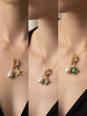 NKT Collection Zümrüt Yeşili Yıldız Siyah Yonca Deniz Yıldızı Incili Kolye