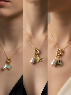 NKT Collection Zümrüt Yeşili Damla Deniz Yıldızı Turkuaz Yonca Incili Kolye