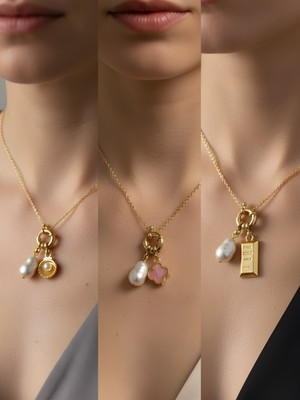 NKT Collection Külçe Altın Pembe Yonca Kutup Yıldızı Incili Kolye