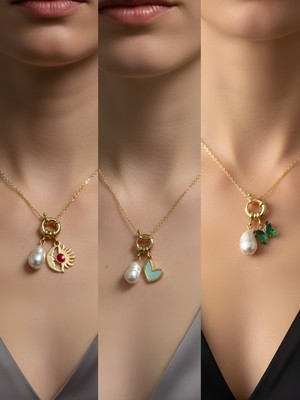 NKT Collection Zümrüt Yeşili Kelebek Ay Güneş Turkuaz Kalp Incili Kolye