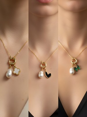 NKT Collection Zümrüt Yeşili Kelebek Beyaz Kalp Kaktüs Incili Kolye