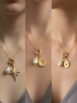 NKT Collection Kabartma Kalp Deniz Kabuğu Kutup Yıldızı Incili Kolye