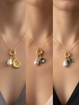 NKT Collection Turkuaz Kalp Zümrüt Yeşili Kelebek Pembe Kalp Incili Kolye