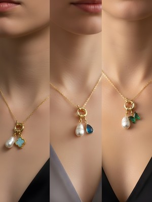 NKT Collection Zümrüt Yeşili Kelebek Turkuaz Damla Turkuaz Yonca Incili Kolye