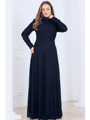Modapodyum Lina Kuyruklu Dantel Tesettür Elbise Lacivert
